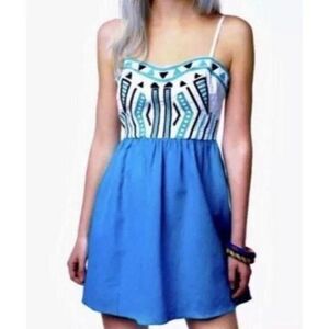 Urban Outfitters Staring at Stars Embroidered Linen Blend Mini Dress Blue White